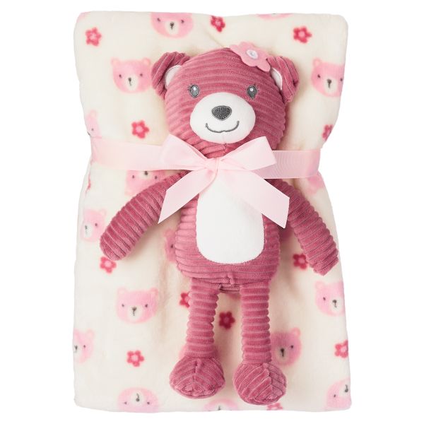 2 Piece Blanket and Plush Pink Bear Set