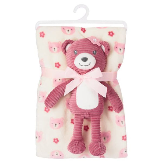 2 Piece Blanket and Plush Pink Bear Set