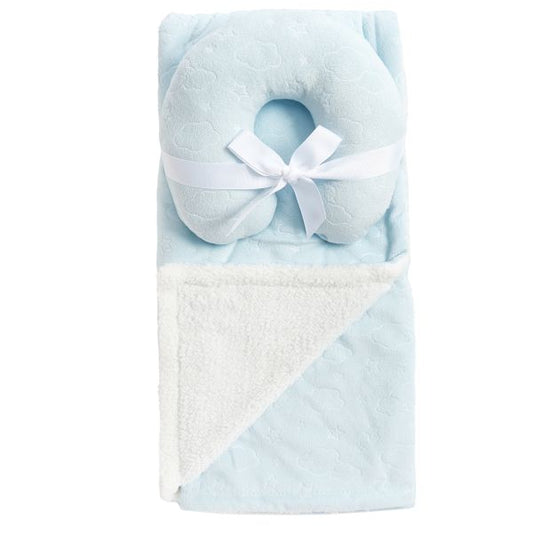 Blue Sherpa Neck pillow and Blanket Set